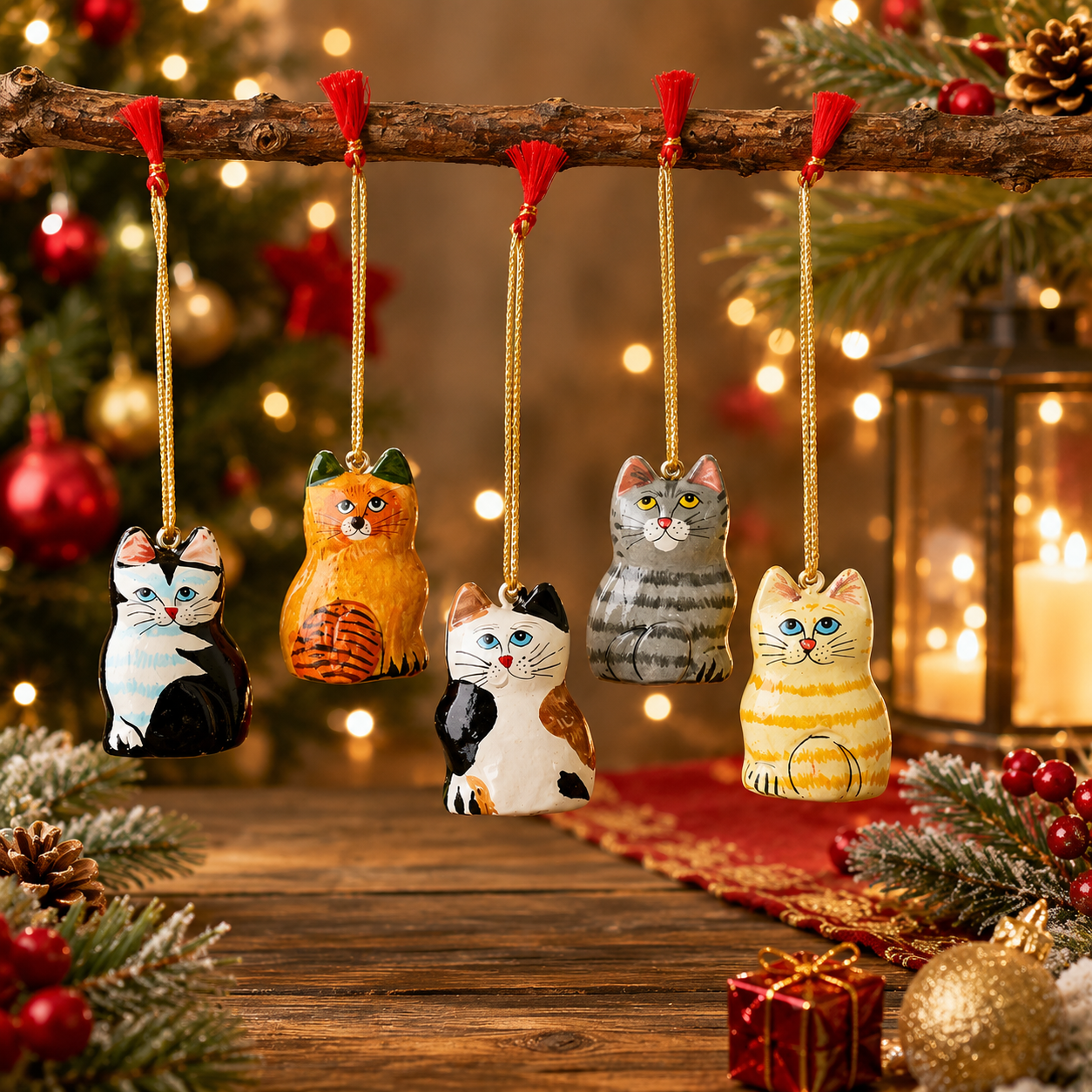 Set of 5 cats,christmas hanging,Christmas tree ornament,christmas bauble,paper mache bauble,hanging cat ornament,PaperMache animal sculpture